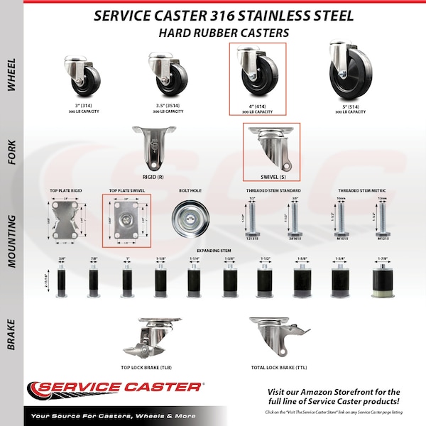 Service Caster 4 Inch 316SS Hard Rubber Wheel Swivel Top Plate Caster Set SCC-SS31620S414-HRS-4 - main